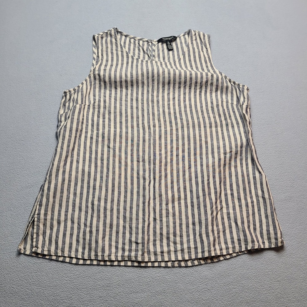 Ellen Tracy Tank Top Women Large Blue Striped Excellent Linen Sleeveless Shell